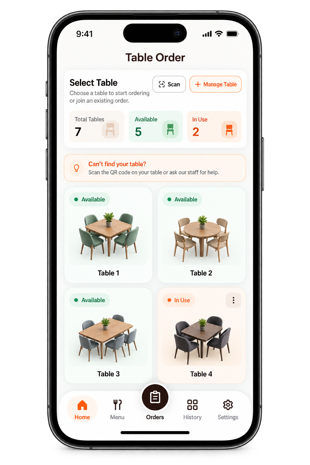 Table order screen
