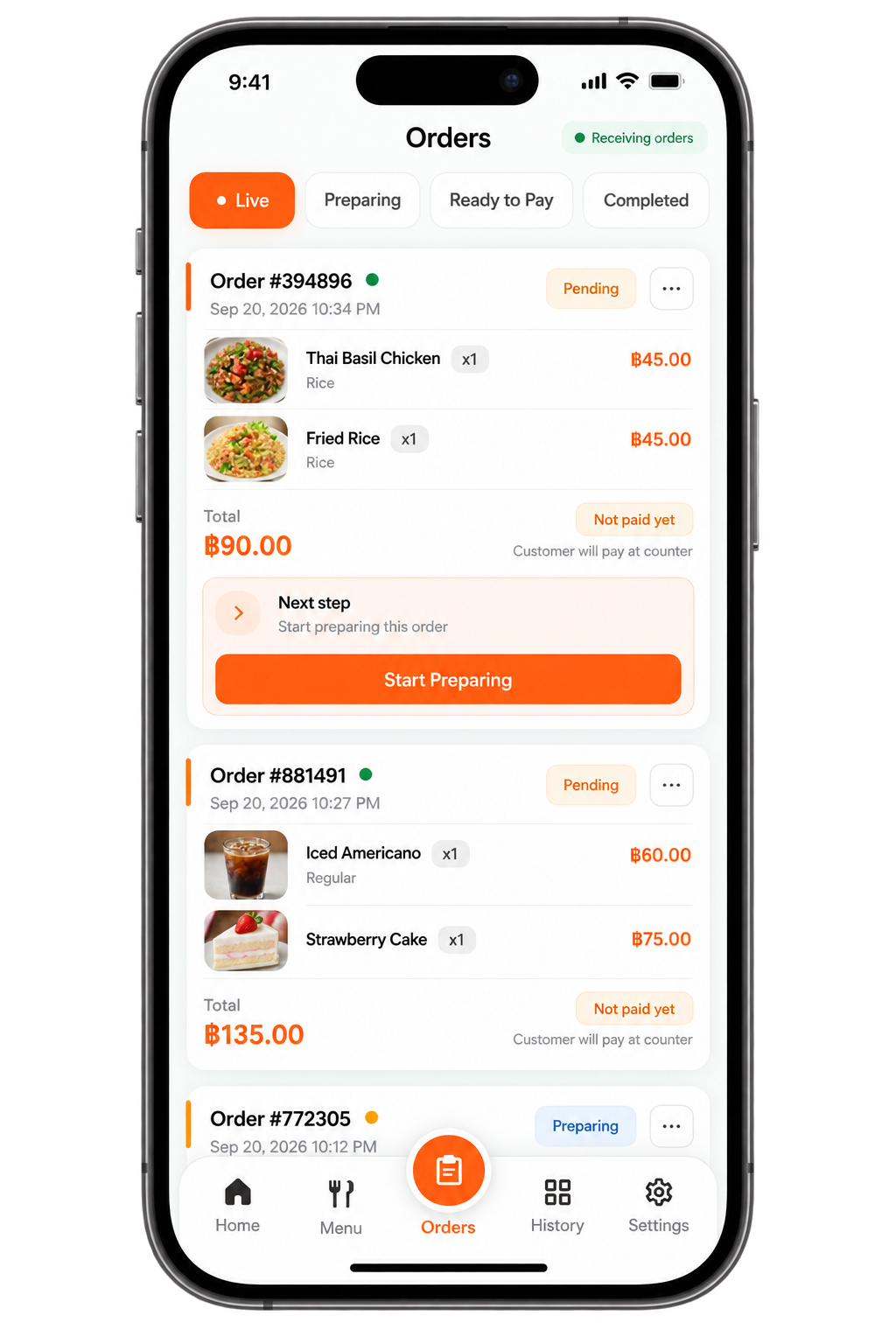 Orders screen